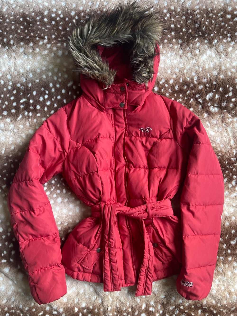Y2K red belted fur hood Hollister puffer jacket